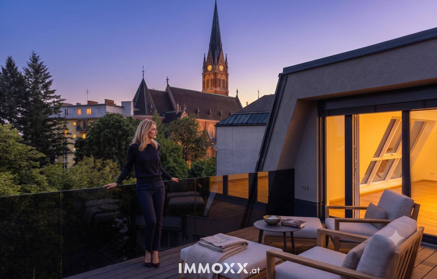 Elegante Frau genießt den Abend auf der modernen Dachterrasse mit Panoramablick auf die Stadt und die Kirche.