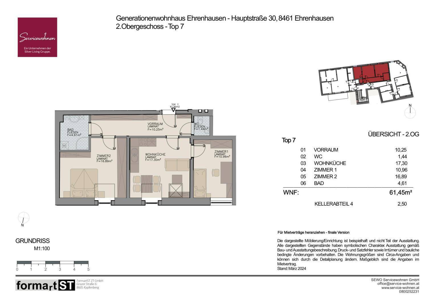 Grundriss der Wohnung Top 7 im 2. Obergeschoss mit offener Wohnküche, Balkon und Kellerabteil.