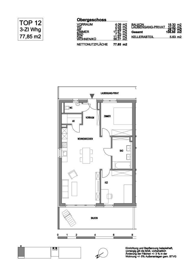 Grundriss einer 3-Zimmer-Wohnung mit offenem Wohnbereich, Balkon und Kellerabteil.