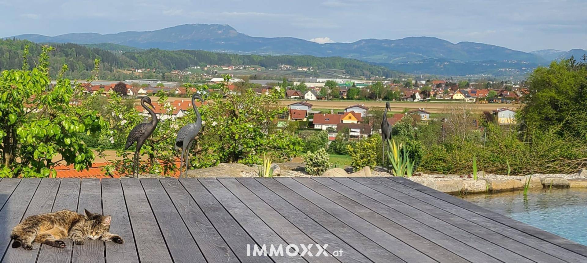 Holzterrasse am Naturpool mit schlafender Katze und weitem Blick über das Tal und die Berge.