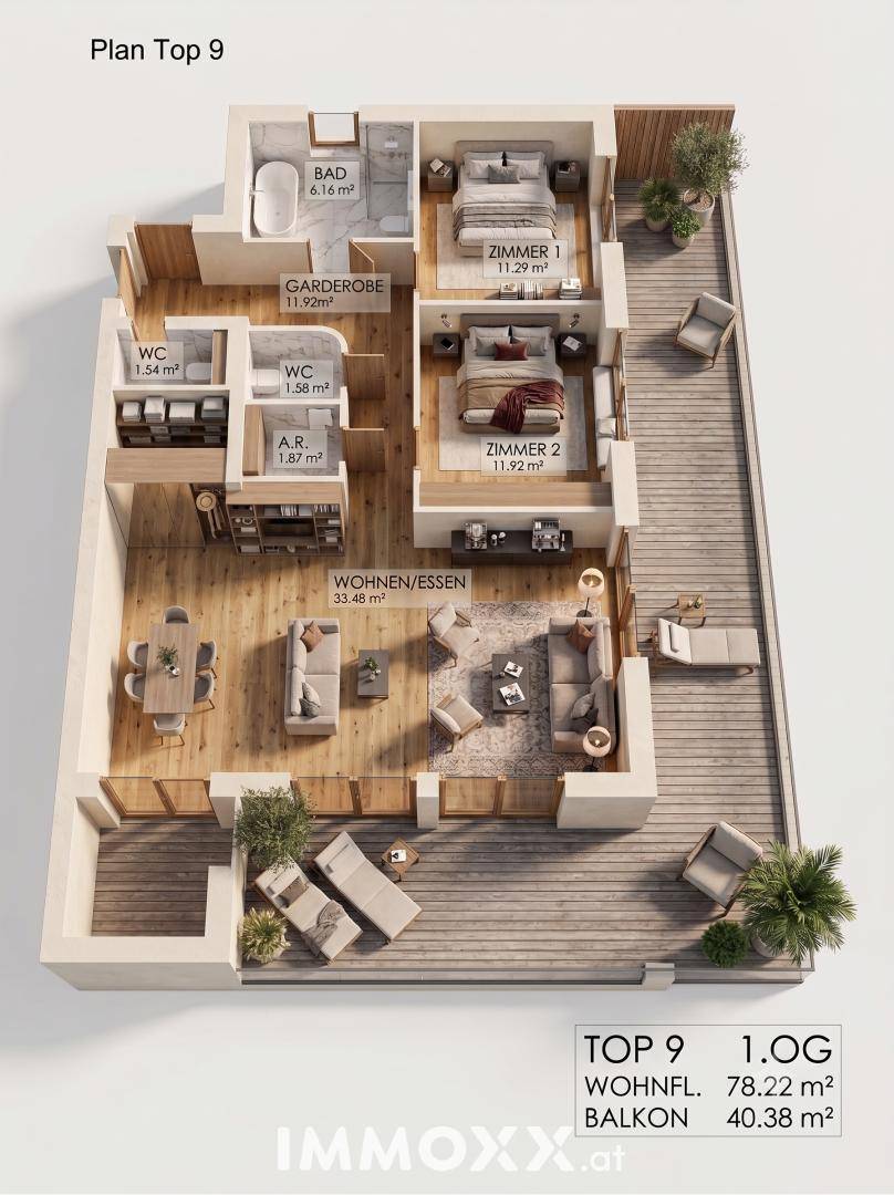 Detaillierter Grundriss der Wohnung Top 9 mit zwei Schlafzimmern und großem Balkon.