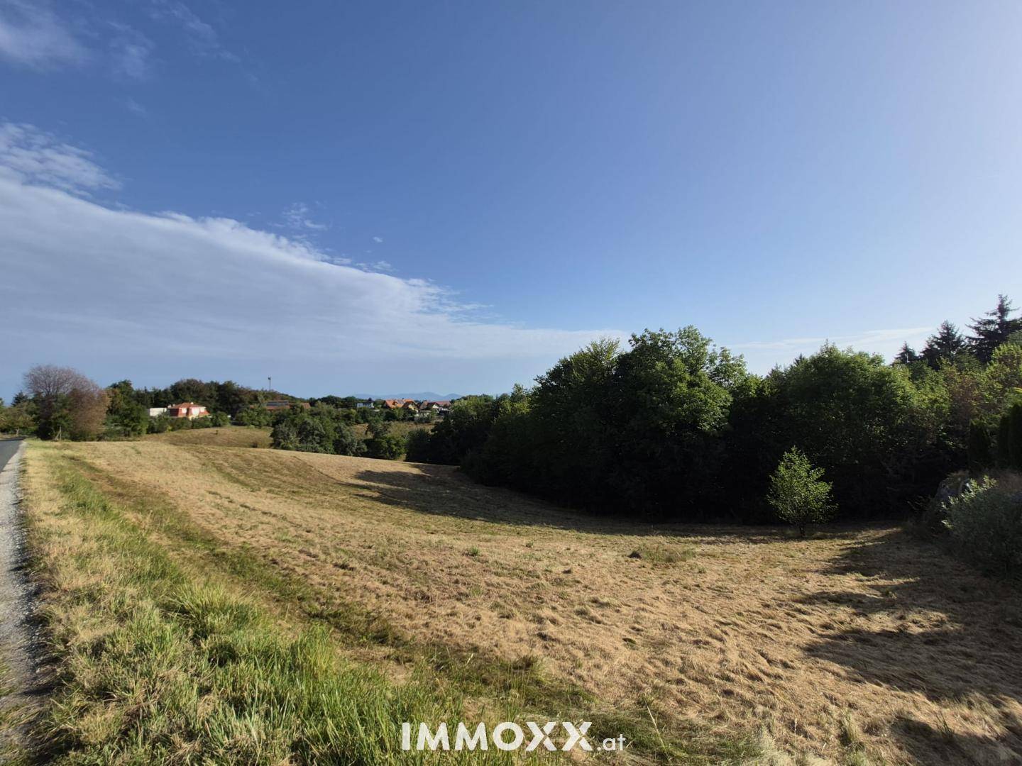 Weitläufiges Feld mit grünen Bäumen und Häusern am Horizont unter klarem Himmel.