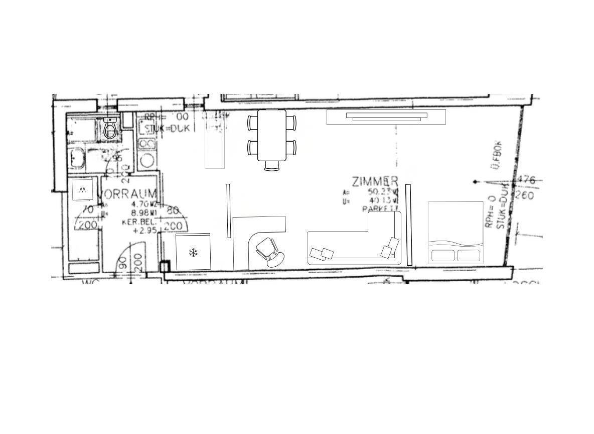 Grundriss einer Wohnung mit Wohnzimmer, Essbereich und separatem Vorraum.