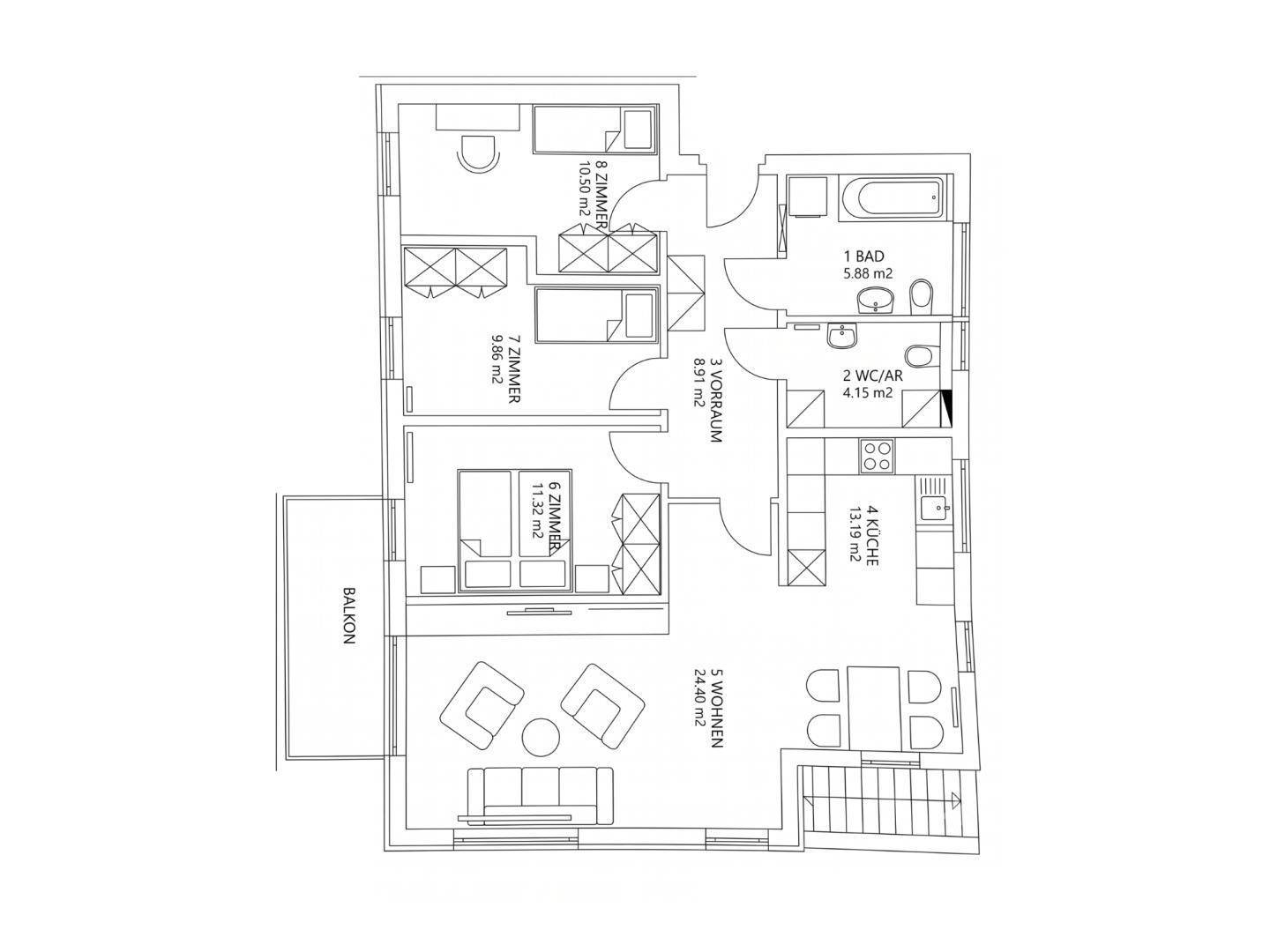 Detaillierter Grundriss der Wohnung mit Zimmeraufteilung und Balkon.