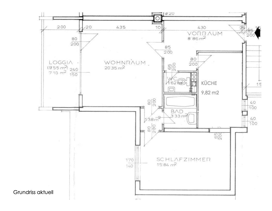 Grundriss der Wohnung mit Wohnraum, Küche, Bad, WC, Schlafzimmer und Loggia.