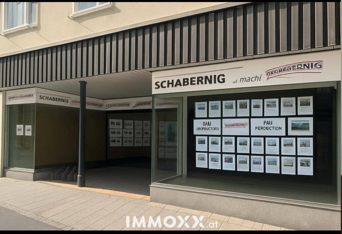 Die Fassade eines Geschäfts mit großen Schaufenstern, die Immobilienangebote präsentieren.