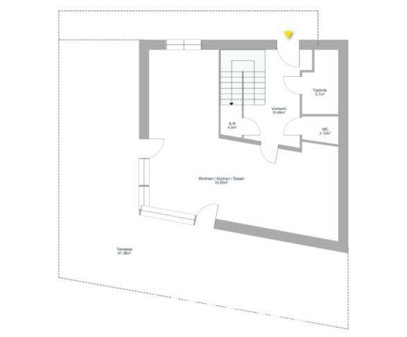 Grundriss des Erdgeschosses mit offenem Wohn-, Koch- und Essbereich sowie einer Terrasse.