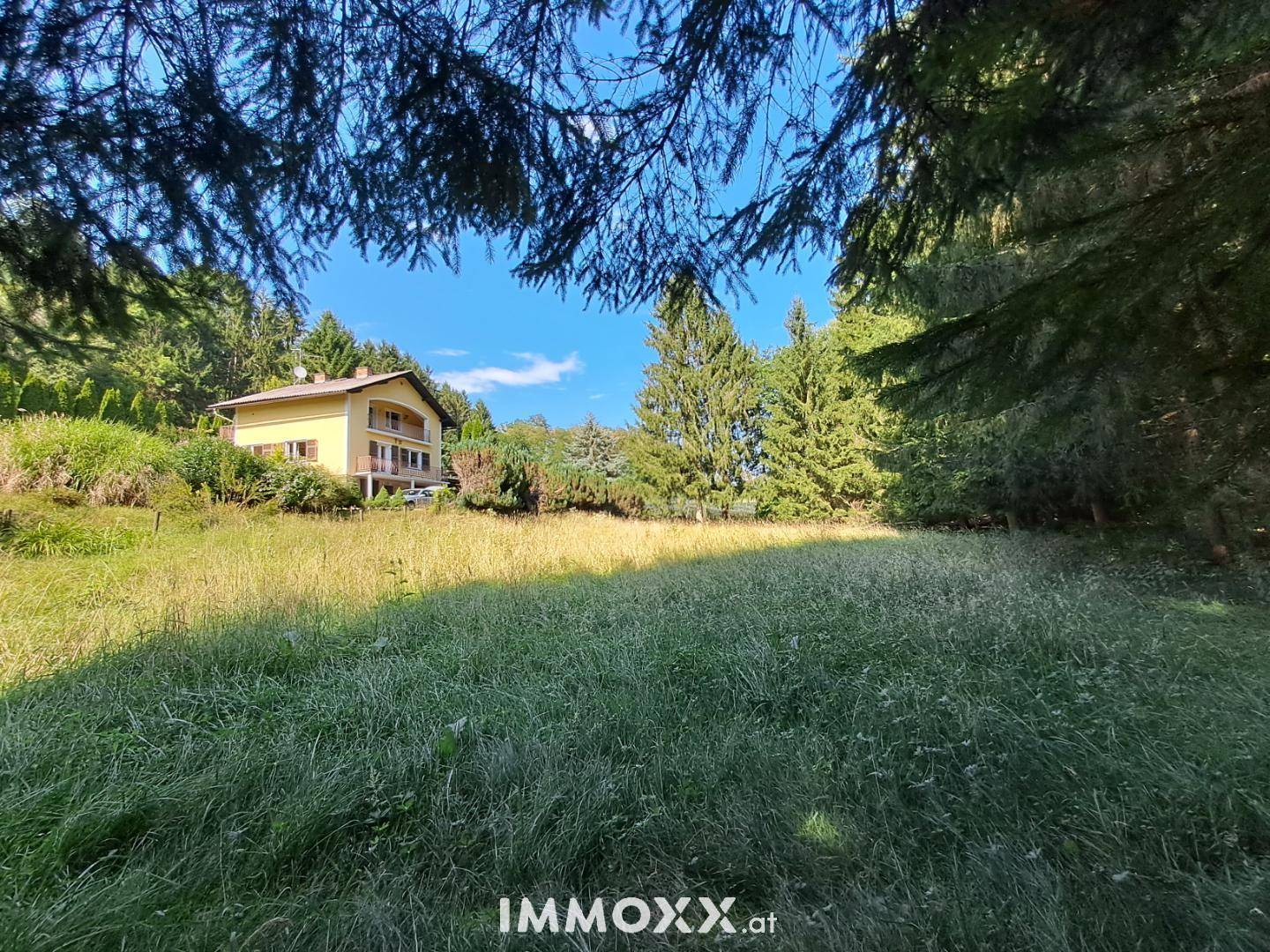 Das gelbe Haus liegt idyllisch inmitten einer weiten Wiese, umgeben von hohen Bäumen und Natur.