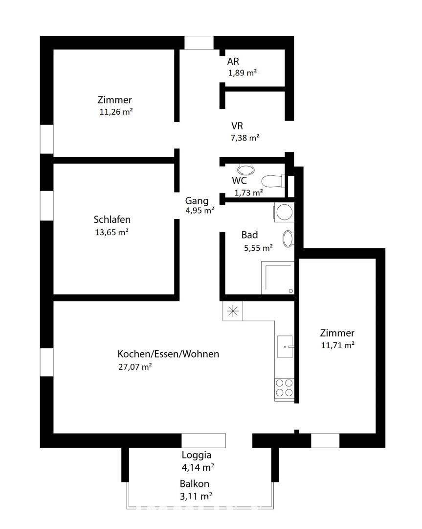 Schwarz-weißer Grundriss einer Wohnung mit Zimmeraufteilung und Flächenangaben.