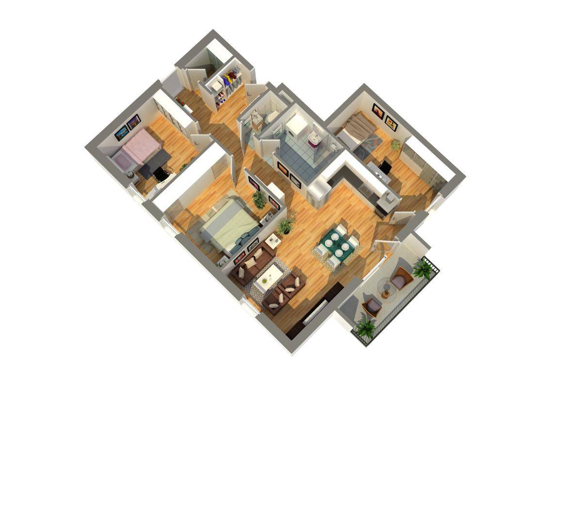 3D-Grundriss einer Wohnung mit möblierten Räumen und Balkon.