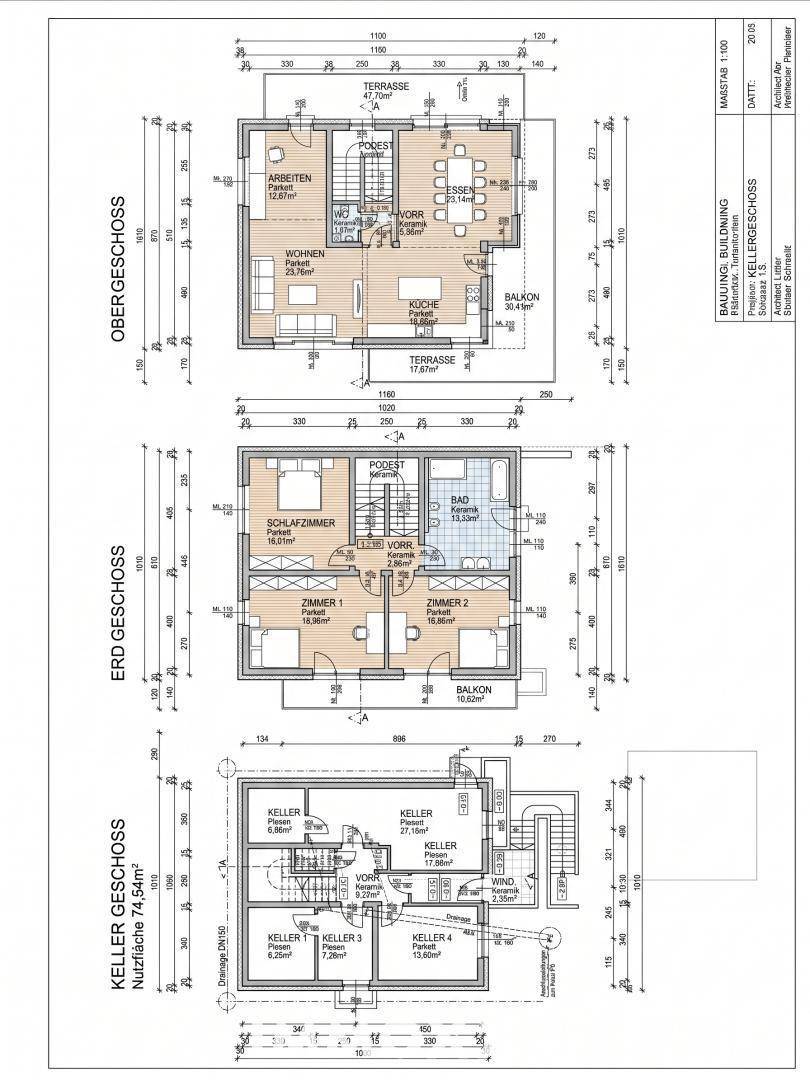 Detaillierter Grundriss mit Obergeschoss, Erdgeschoss und Kellergeschoss, inklusive Terrassen und Balkonen.
