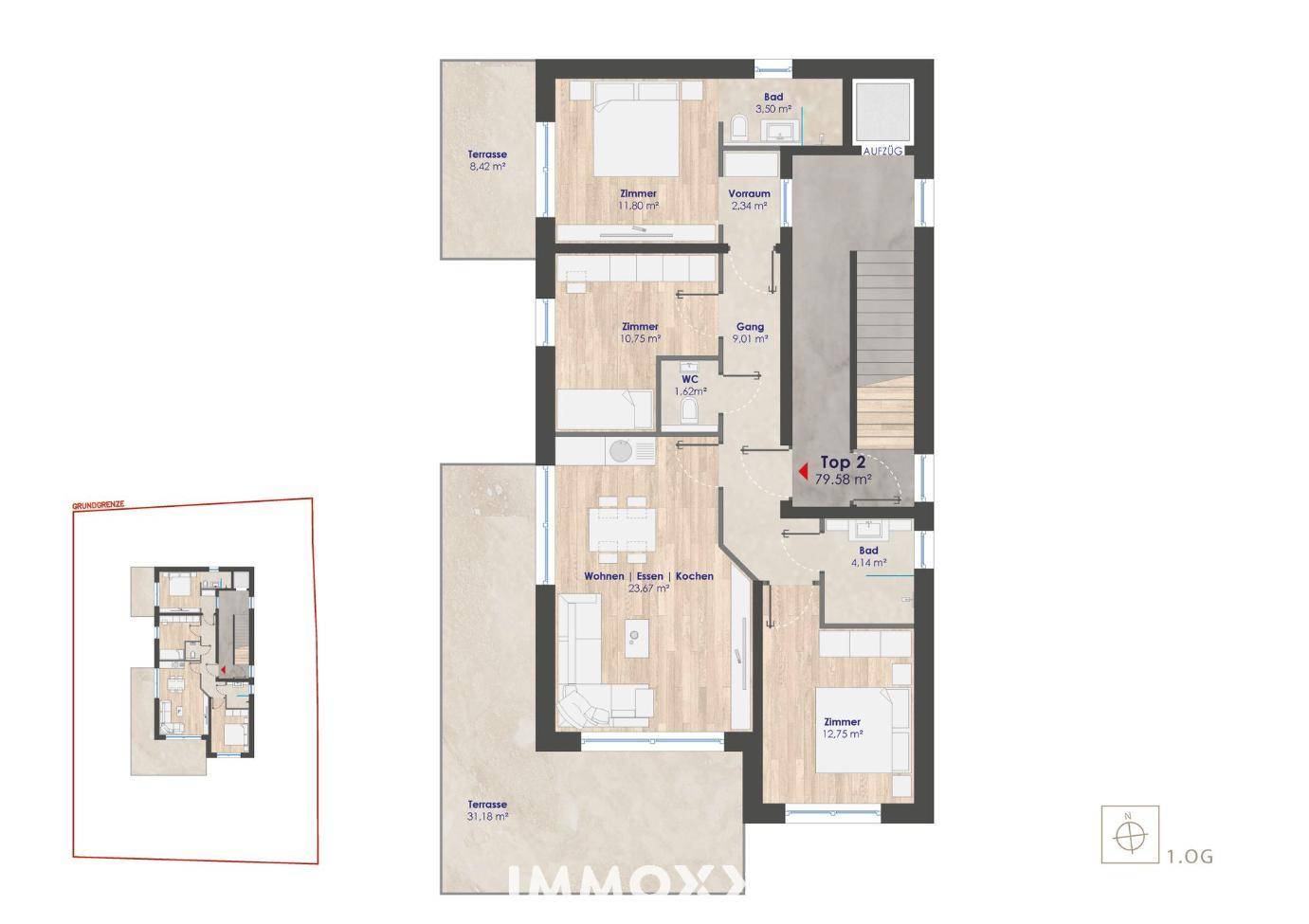 Grundriss der Wohnung Top 2 mit zwei Terrassen, offenem Wohnbereich und zwei Bädern.