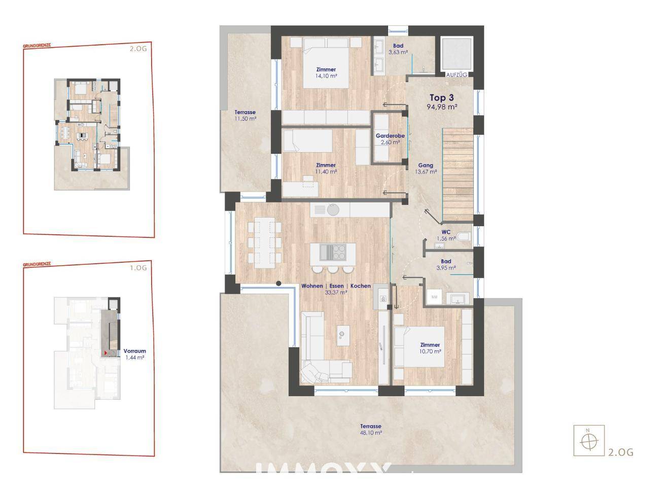 Grundriss der Wohnung Top 3 im 2. Obergeschoss mit großer Terrasse und offenem Wohnbereich.