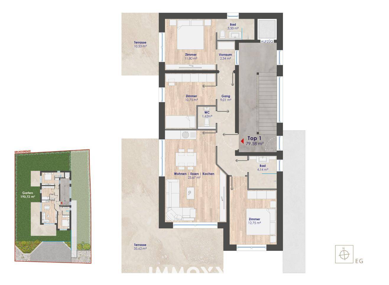 Grundriss der Erdgeschosswohnung Top 1 mit großem Garten, Terrasse und offenem Wohnbereich.