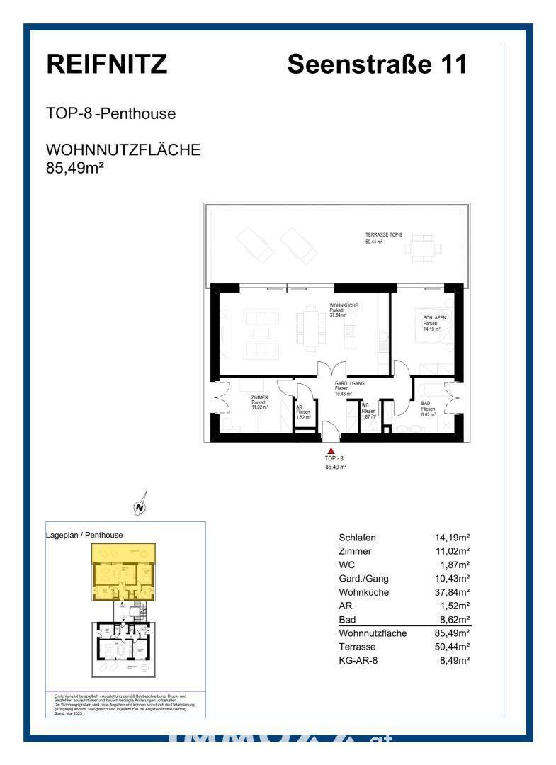 Grundriss eines Penthouses mit offener Wohnfläche und großer Terrasse.