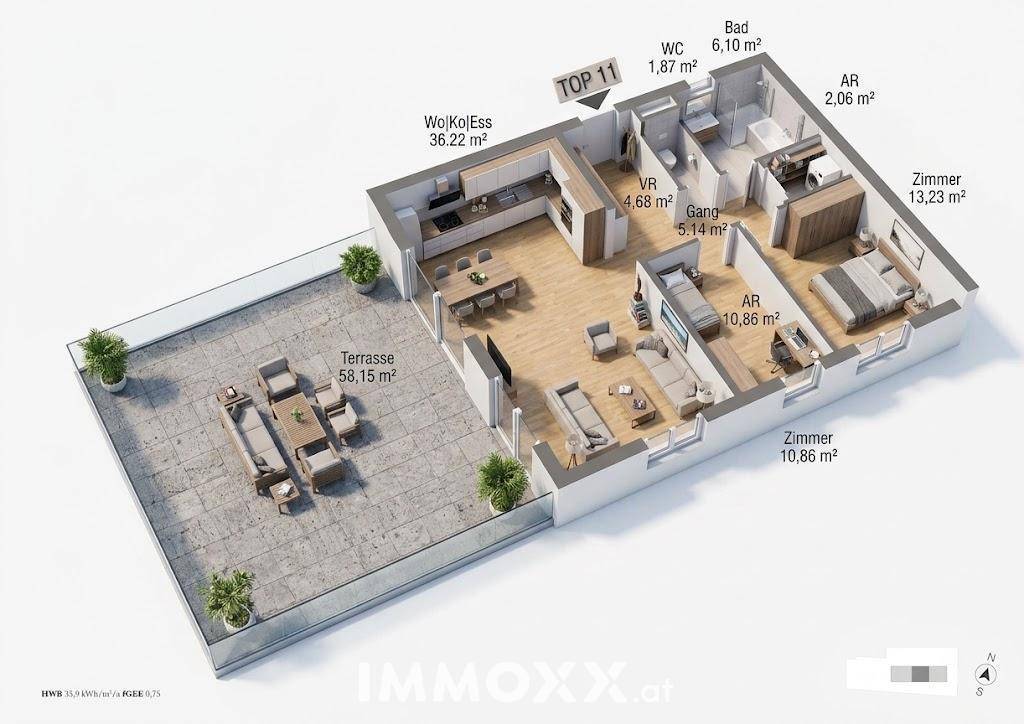Grundriss einer Wohnung mit offenem Wohnbereich, großer Terrasse und separatem WC.