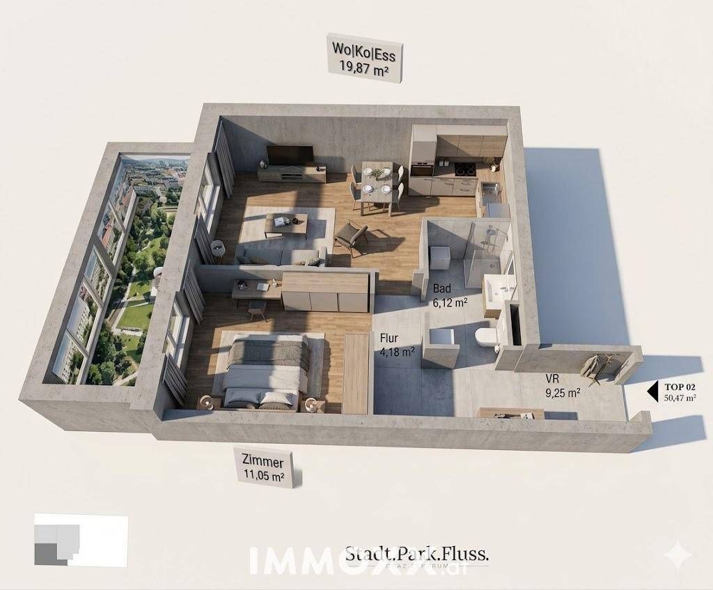 Dreidimensionaler Grundriss einer modernen Wohnung mit offenem Wohnbereich und großem Balkon.