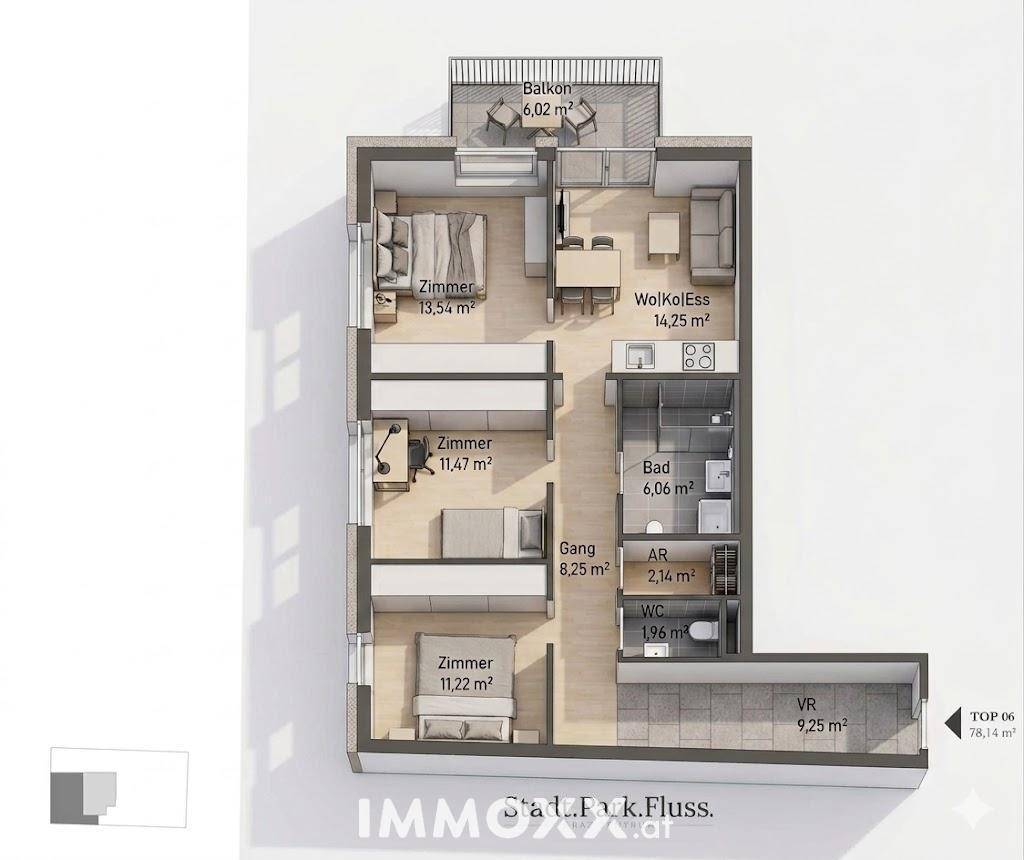 Detaillierter 3D-Grundriss einer Wohnung mit drei Zimmern, offenem Wohnbereich und Balkon.