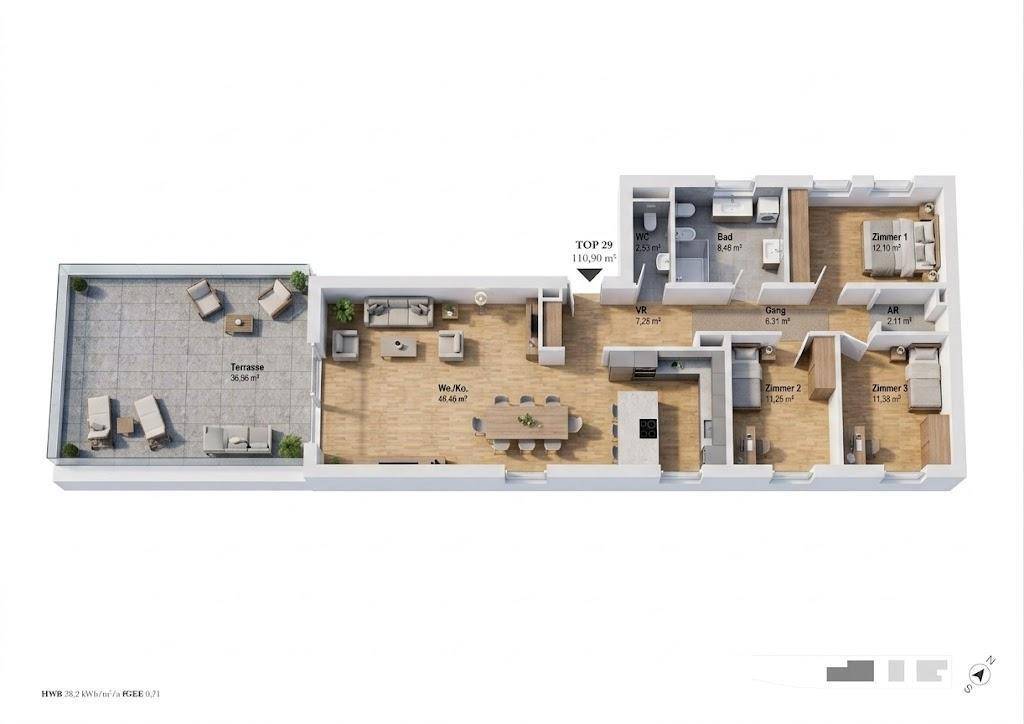 Detaillierter 3D-Grundriss einer Wohnung mit offenem Wohnbereich, drei Schlafzimmern und großer Terrasse.