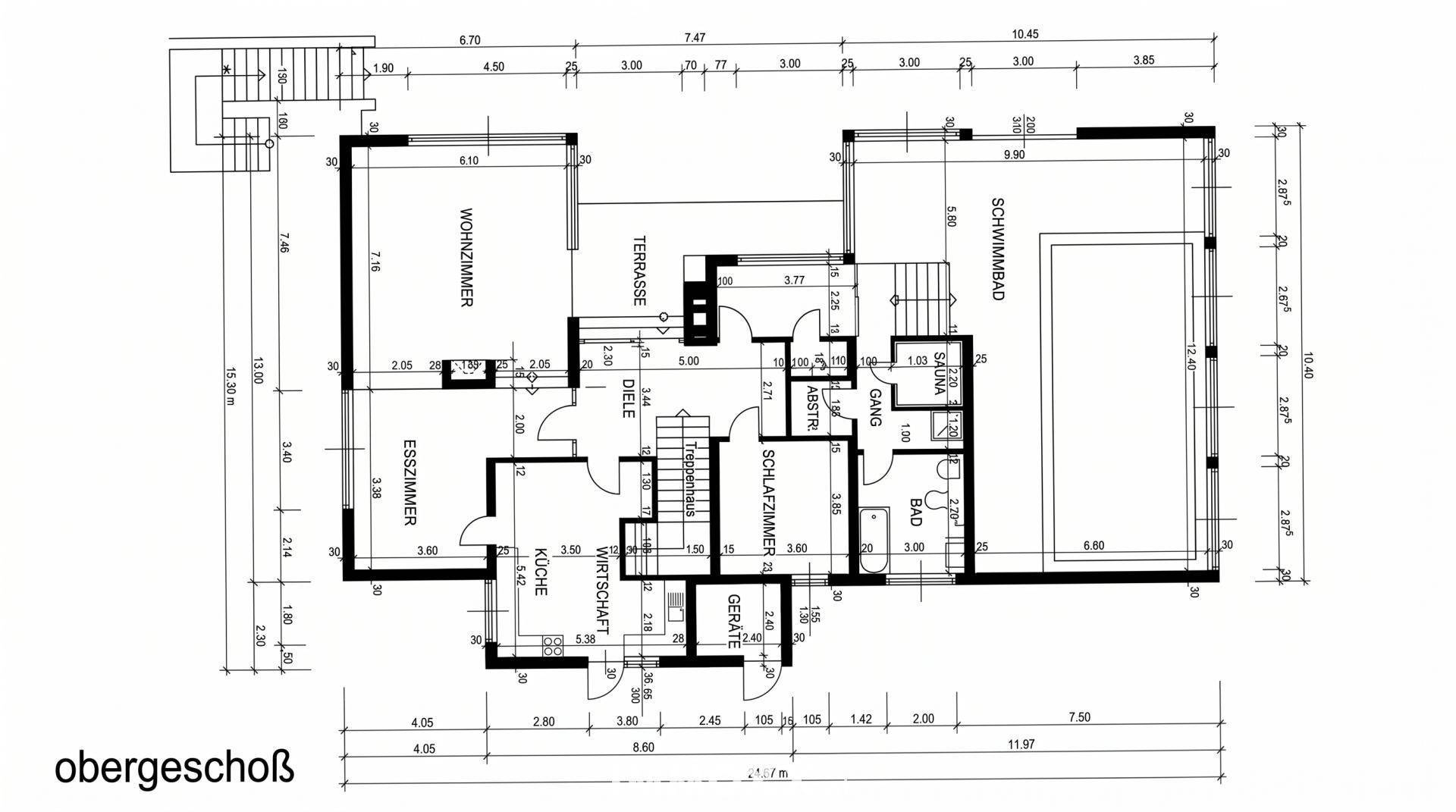 Grundriss des Obergeschosses mit Wohnzimmer, Esszimmer, Küche, Schlafzimmer, Terrasse und Schwimmbad.