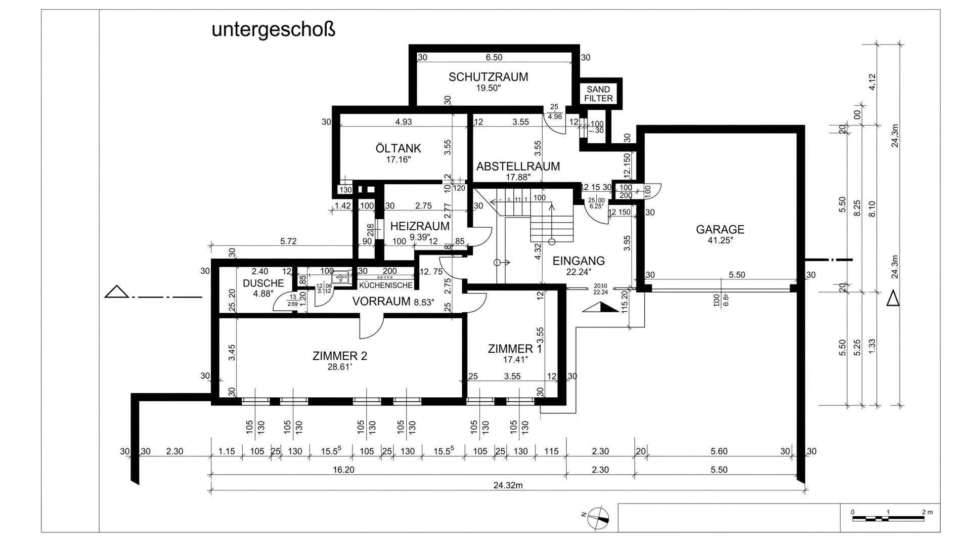 Grundriss des Untergeschosses mit Garage, Heizraum, Schutzraum, Abstellräumen und zwei weiteren Zimmern.