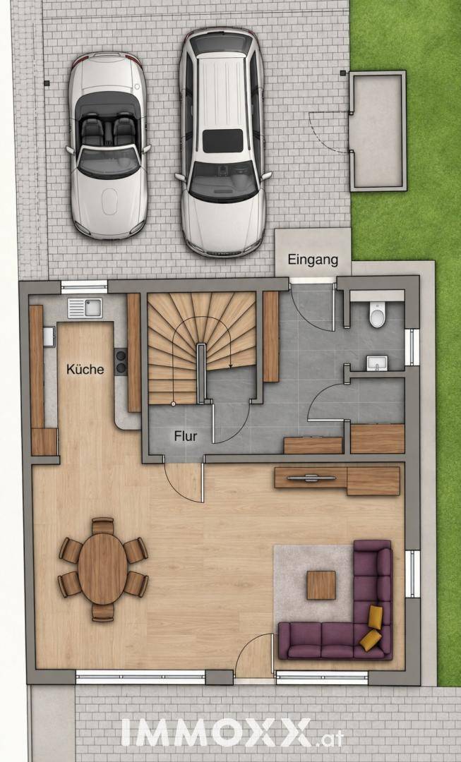 Grundriss des Erdgeschosses mit offener Küche, Wohnbereich und Zugang zum Garten.