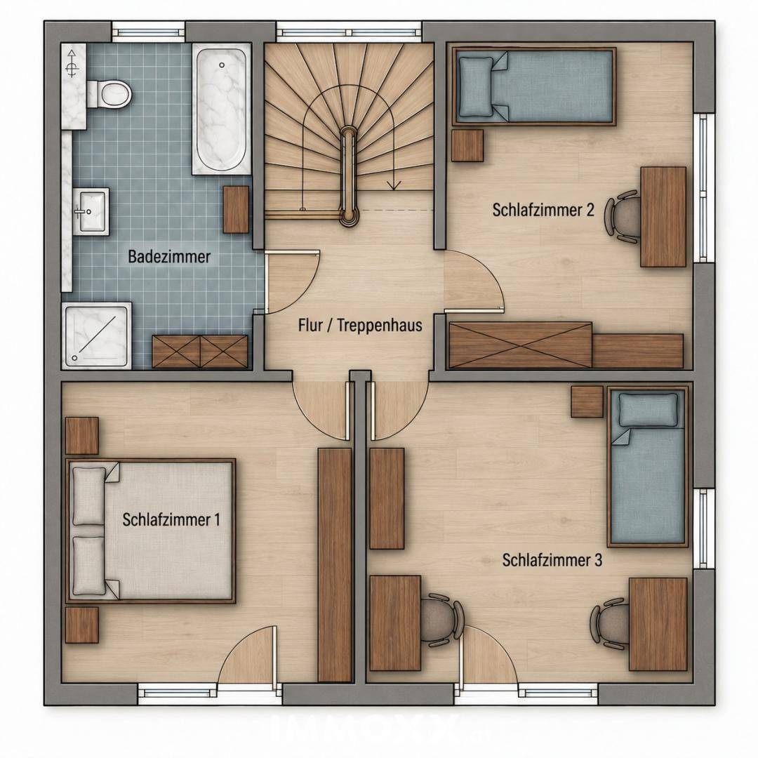Grundriss des Obergeschosses mit drei Schlafzimmern und einem Badezimmer.