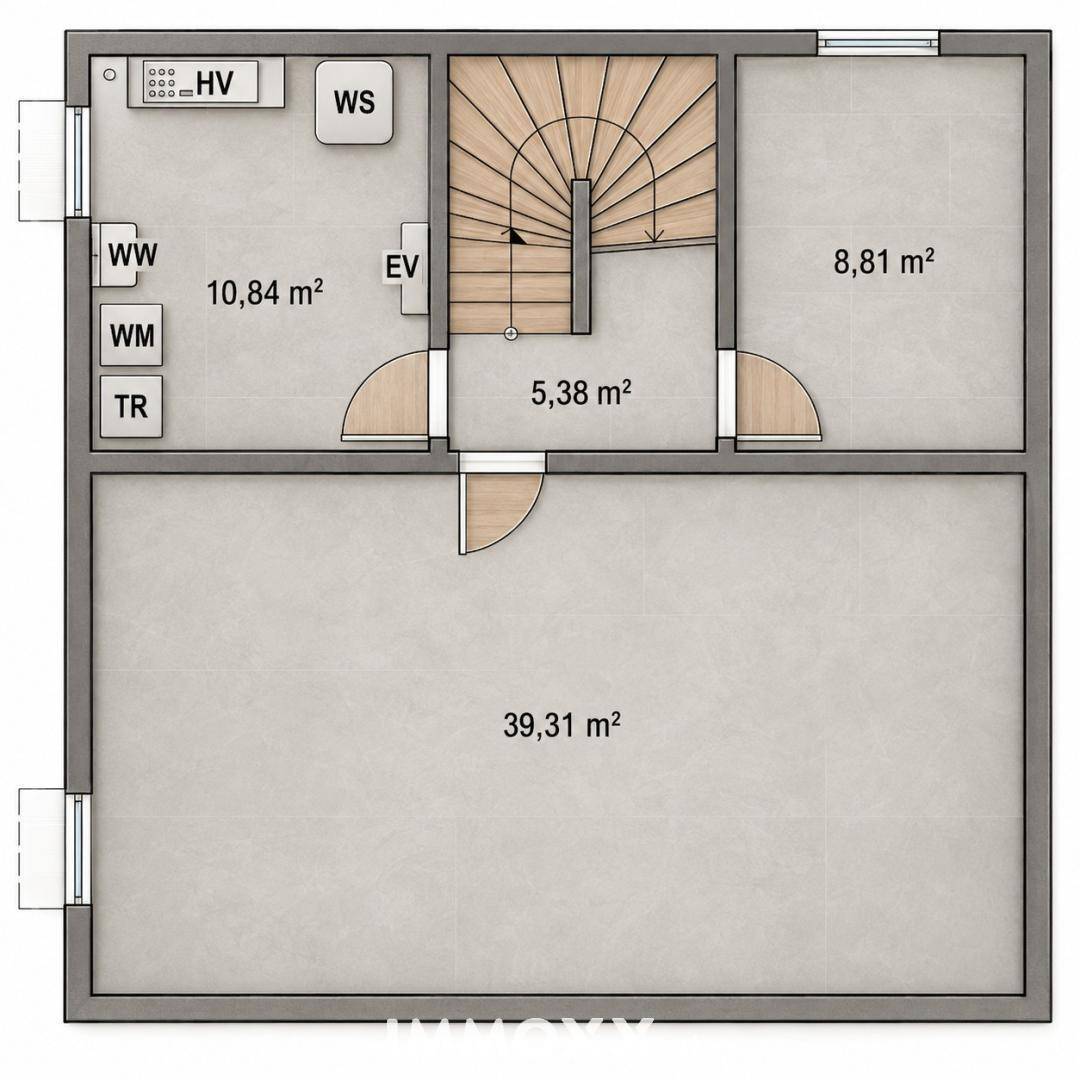 Grundriss des Untergeschosses mit Technikraum und großem Kellerraum.