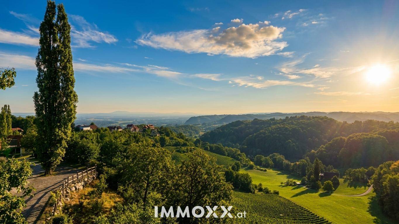 Panoramablick über eine weite, grüne Hügellandschaft mit Weinbergen und vereinzelten Häusern.