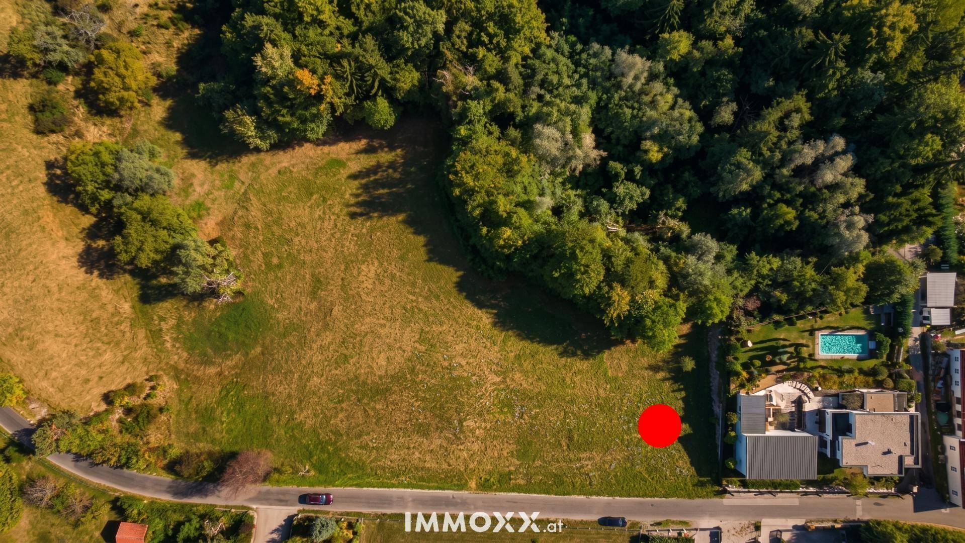 Luftaufnahme eines großen grünen Feldes umgeben von Wald und Wohnhäusern, mit einem Pool bei einem der Häuser.
