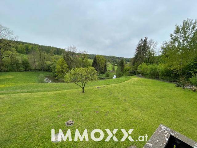 Weitläufige grüne Landschaft mit Bäumen und einem kleinen Teich im Hintergrund.