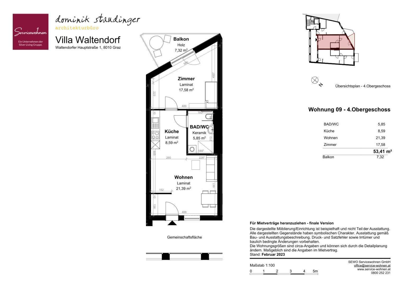Grundriss einer Wohnung im 4. Obergeschoss mit offenem Wohnbereich und Balkon.