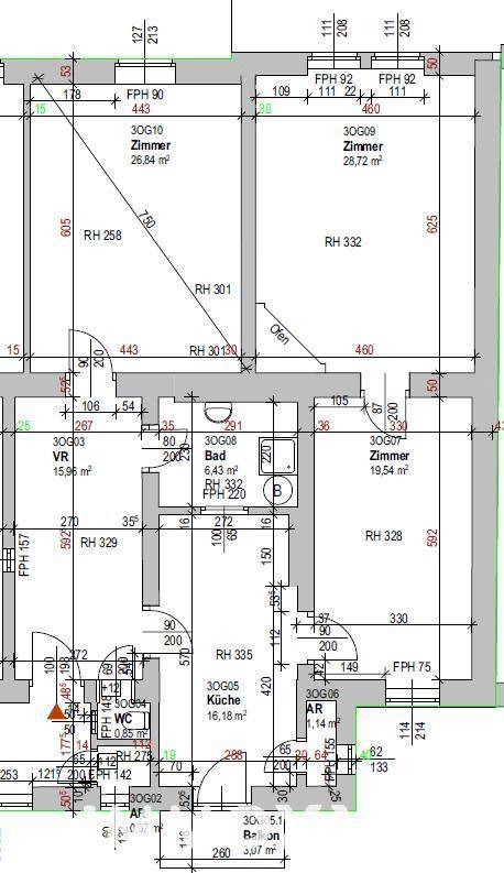 Detaillierter Grundriss einer Wohnung mit mehreren Zimmern und Balkon.