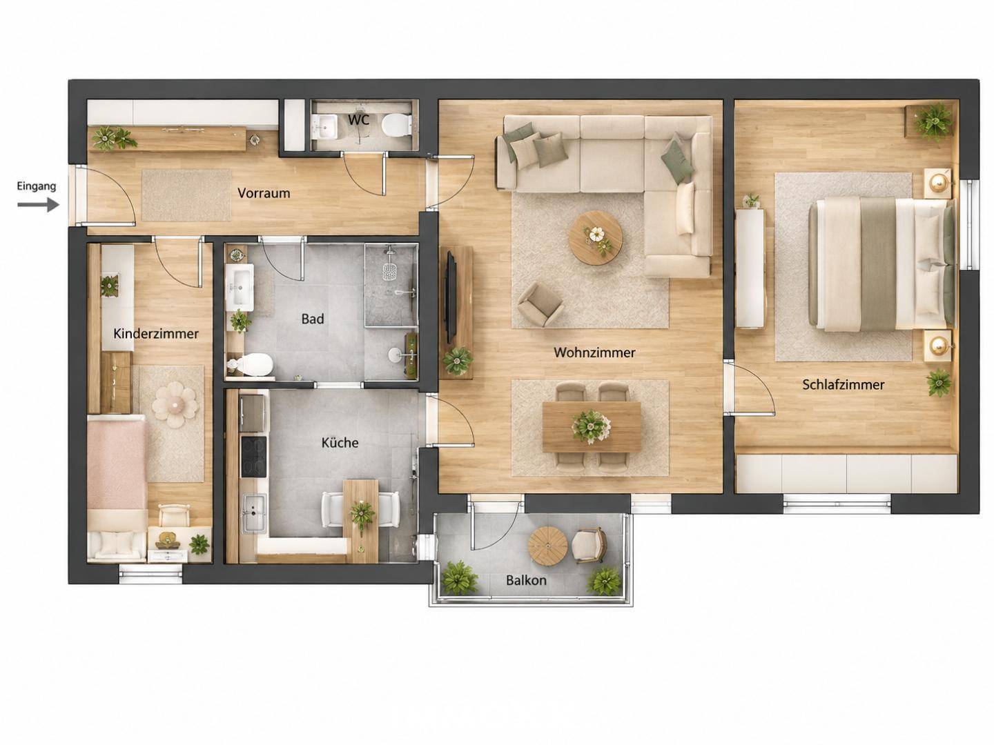 Detaillierter Grundriss einer Wohnung mit mehreren Zimmern und Balkon.