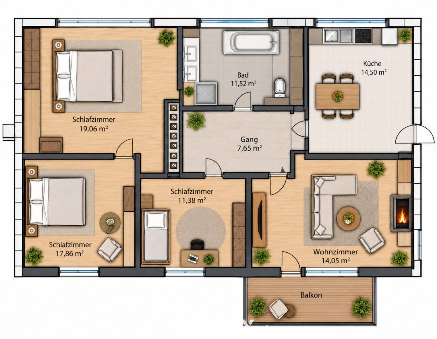 Detaillierter Grundriss einer Wohnung mit drei Schlafzimmern und Balkon.