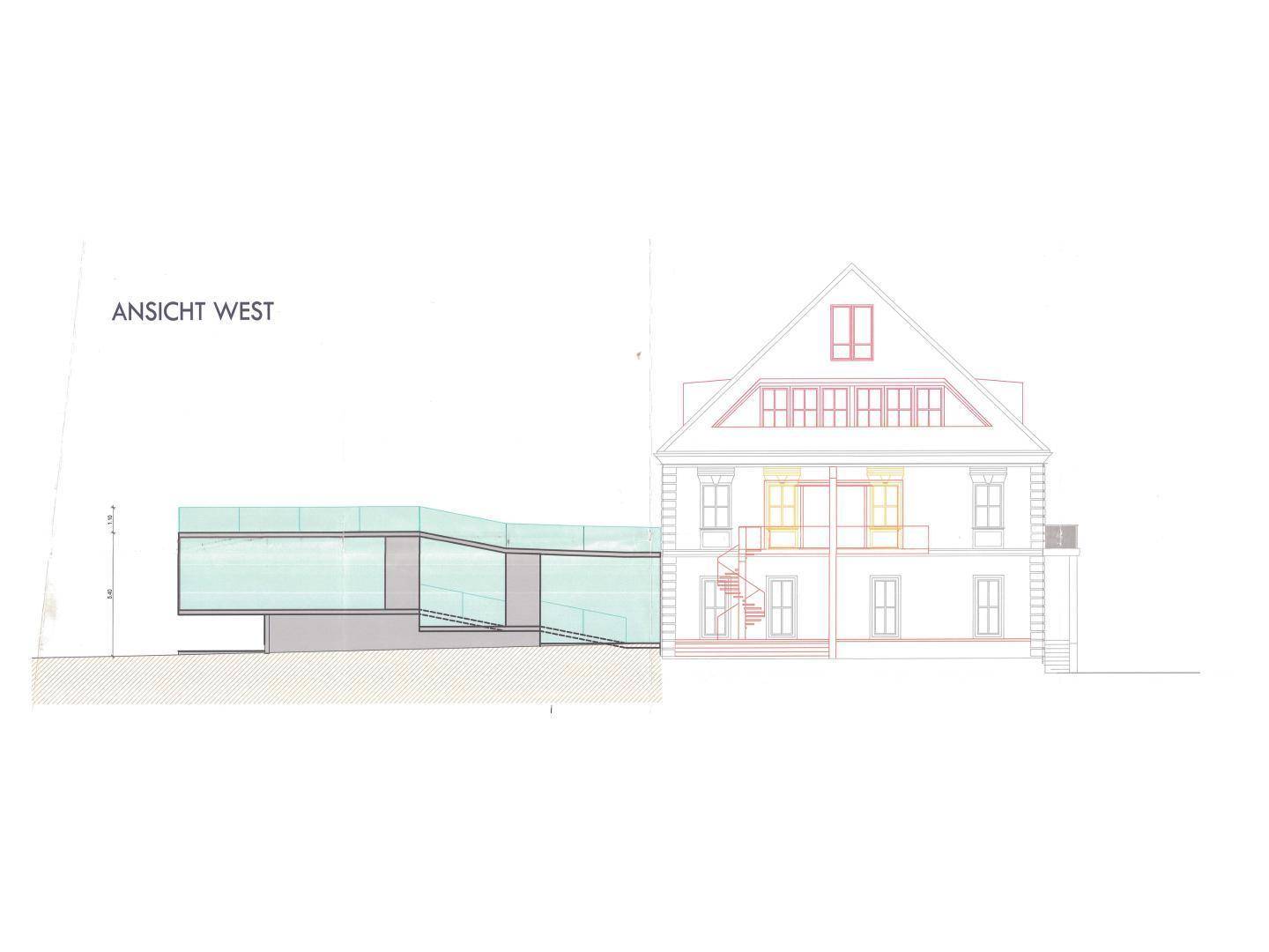 Architektonische Ansicht der Westseite des Gebäudes mit modernem Anbau.