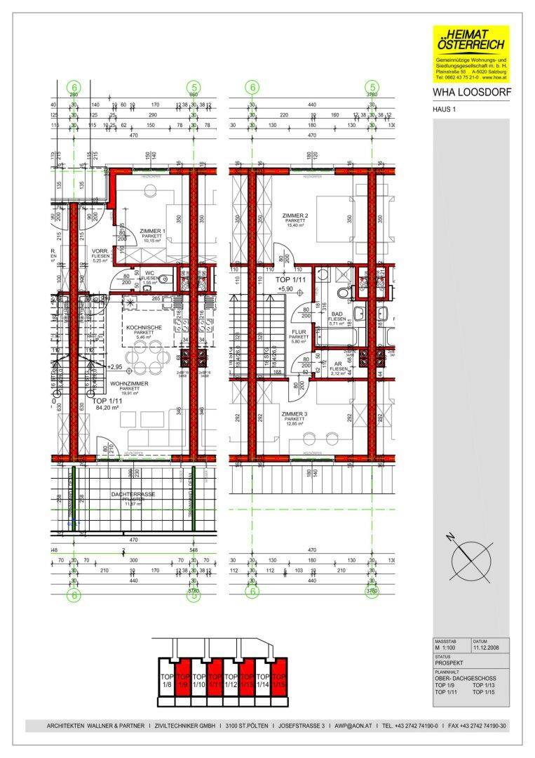 Detaillierter Grundrissplan mit Raumaufteilung, Maßen und Dachterrasse für mehrere Wohneinheiten.