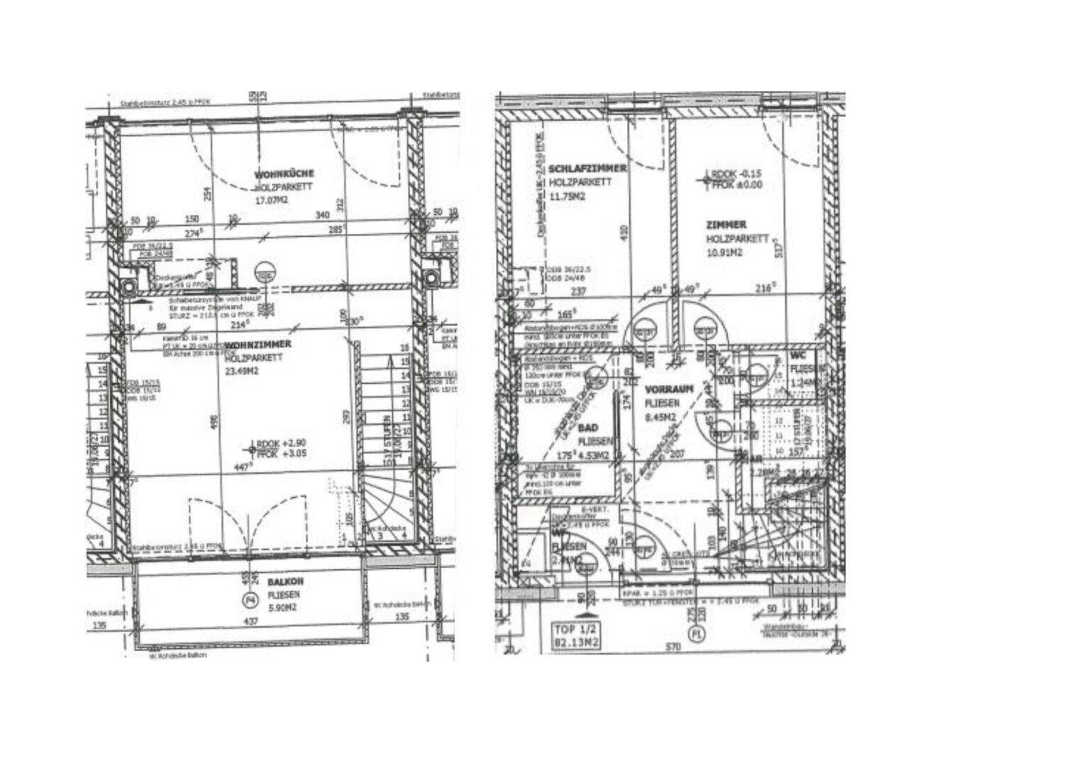 Detaillierter Grundriss mit Wohnküche, Schlafzimmern, Bad, WC und Balkon auf zwei Ebenen.