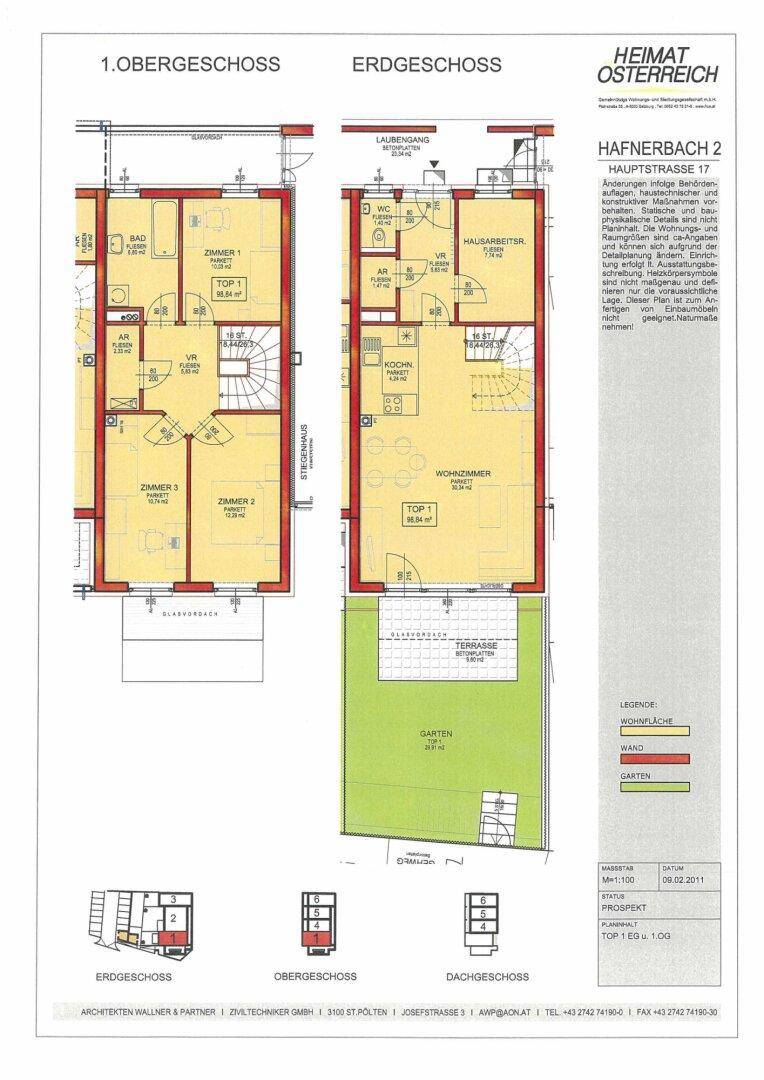 Grundrisspläne für Erdgeschoss und Obergeschoss mit Garten, Terrasse und detaillierter Raumaufteilung.