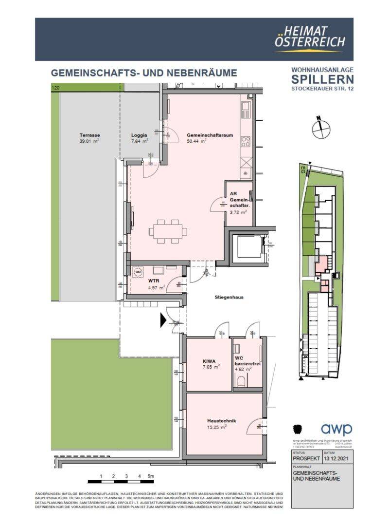 Grundriss der Gemeinschafts- und Nebenräume mit Terrasse, Loggia und barrierefreiem WC.