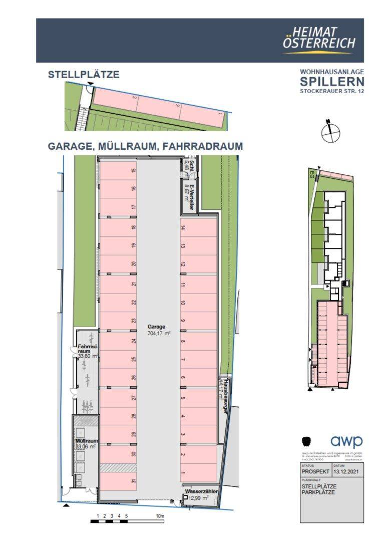 Grundriss der Stellplätze, Garage, Müllraum und Fahrradraum der Wohnhausanlage.