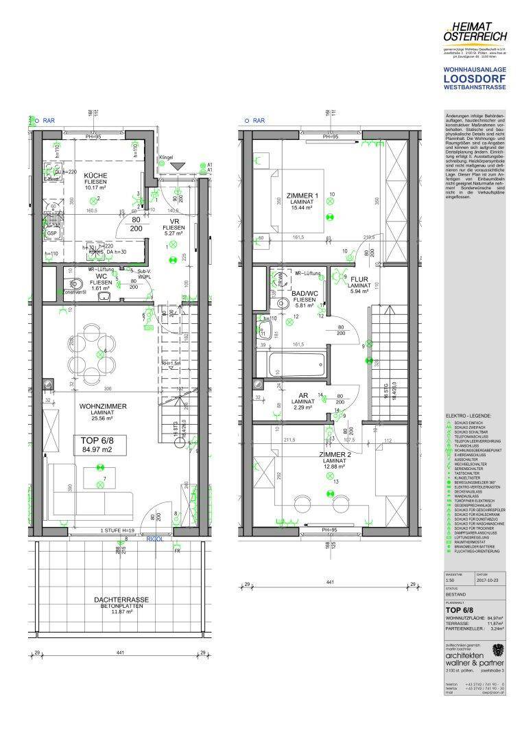 Detaillierter Grundriss einer Maisonette-Wohnung mit Dachterrasse, Wohnzimmer und zwei Schlafzimmern.