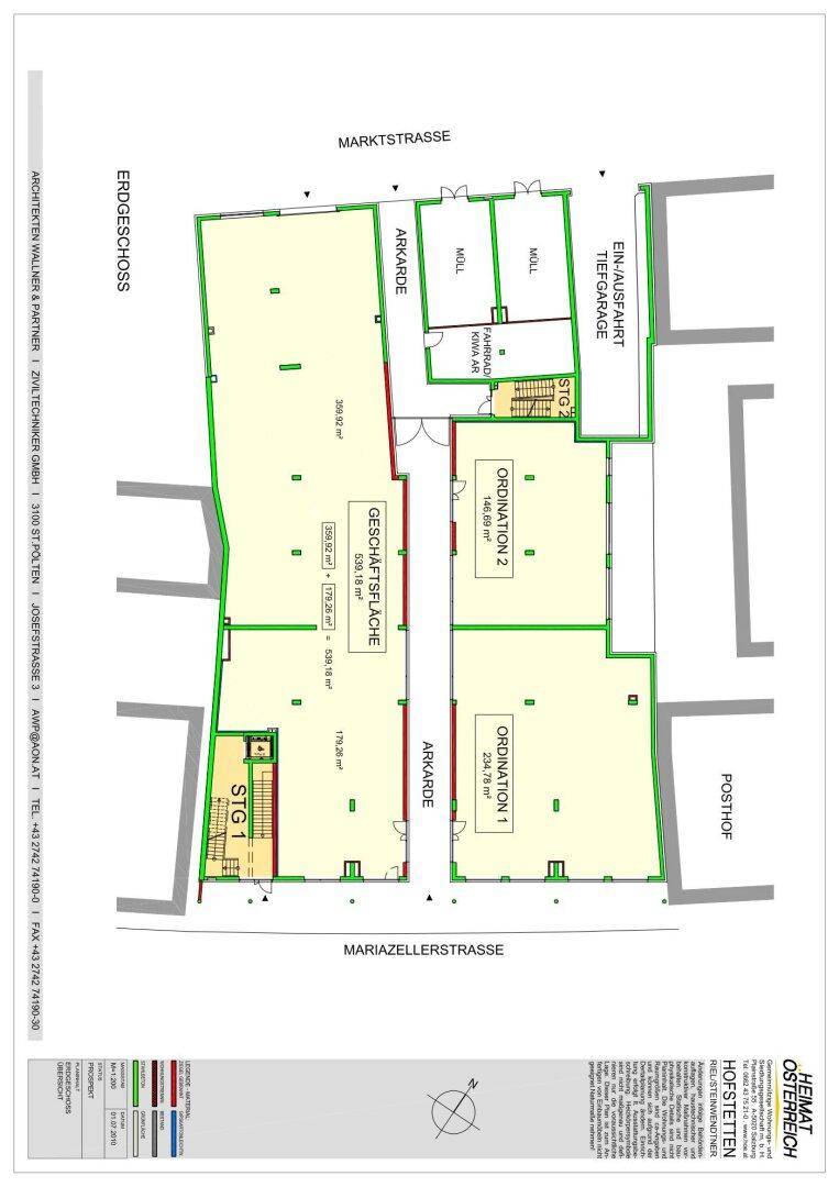 Gesamtgrundriss des Erdgeschosses mit mehreren Ordinationen und Geschäftsflächen sowie Tiefgaragenzufahrt.