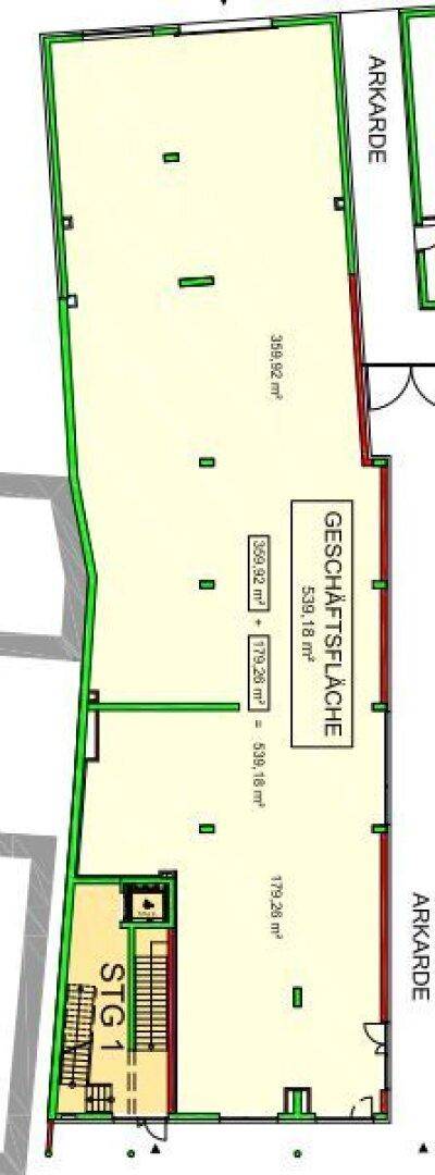 Grundriss einer großen Geschäftsfläche mit Treppenhaus und Arkadenbereichen.