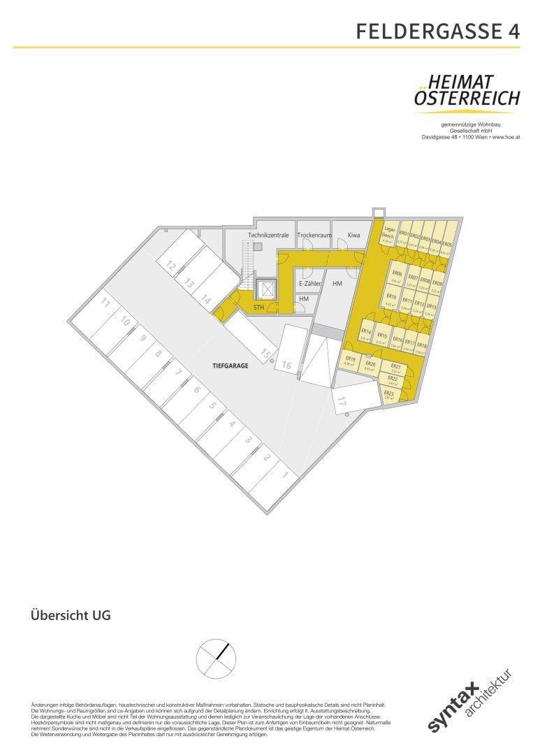 Dieser Grundriss zeigt die Tiefgarage mit zahlreichen Parkplätzen, Kellerabteilen und Technikräumen im Untergeschoss.