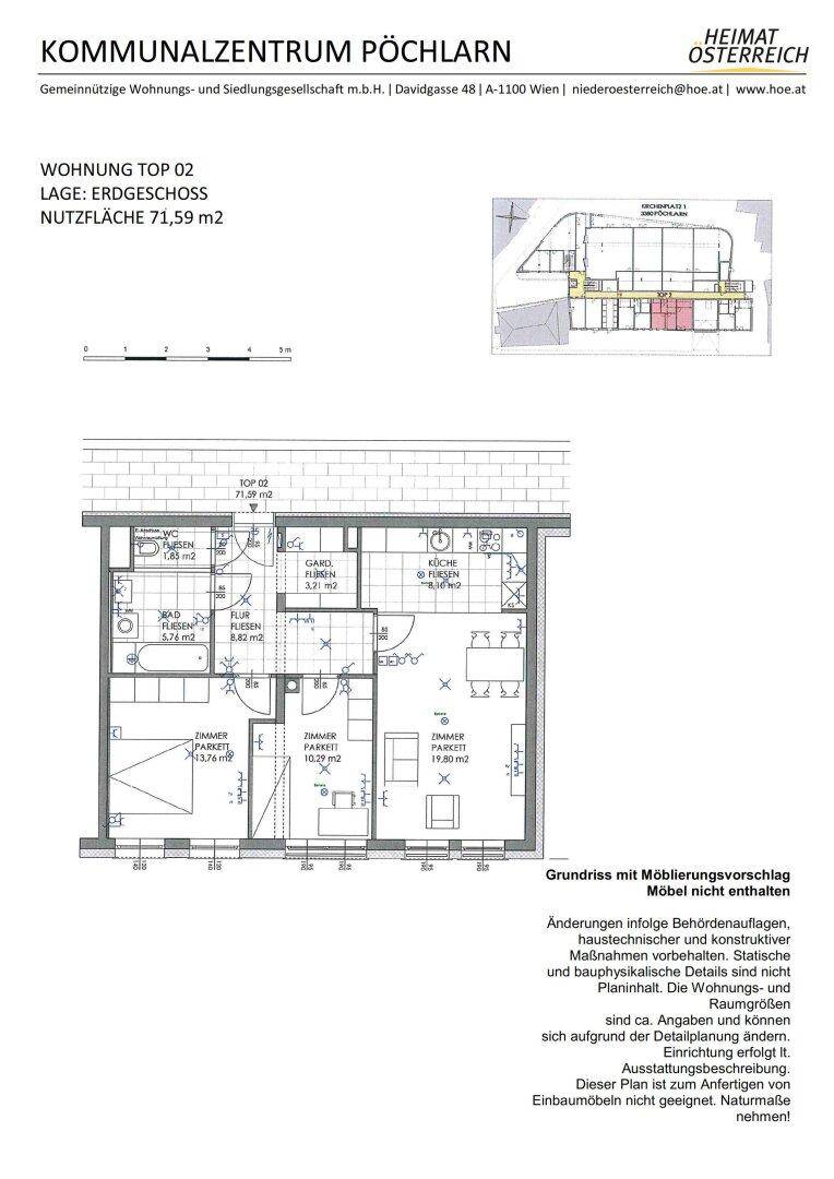 Grundriss einer Erdgeschosswohnung mit 71,59 m² Nutzfläche, inklusive Bad, separatem WC und Küche.