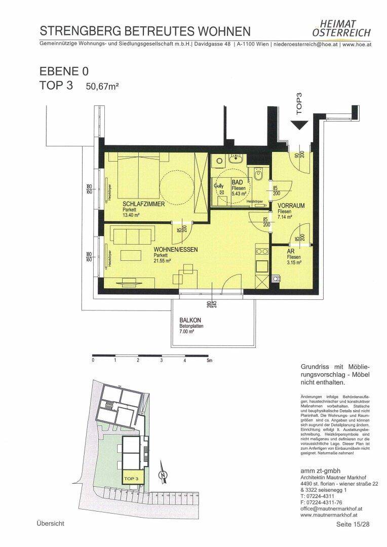 Grundriss einer Wohnung mit Schlafzimmer, Wohn-Essbereich, Bad und Balkon.