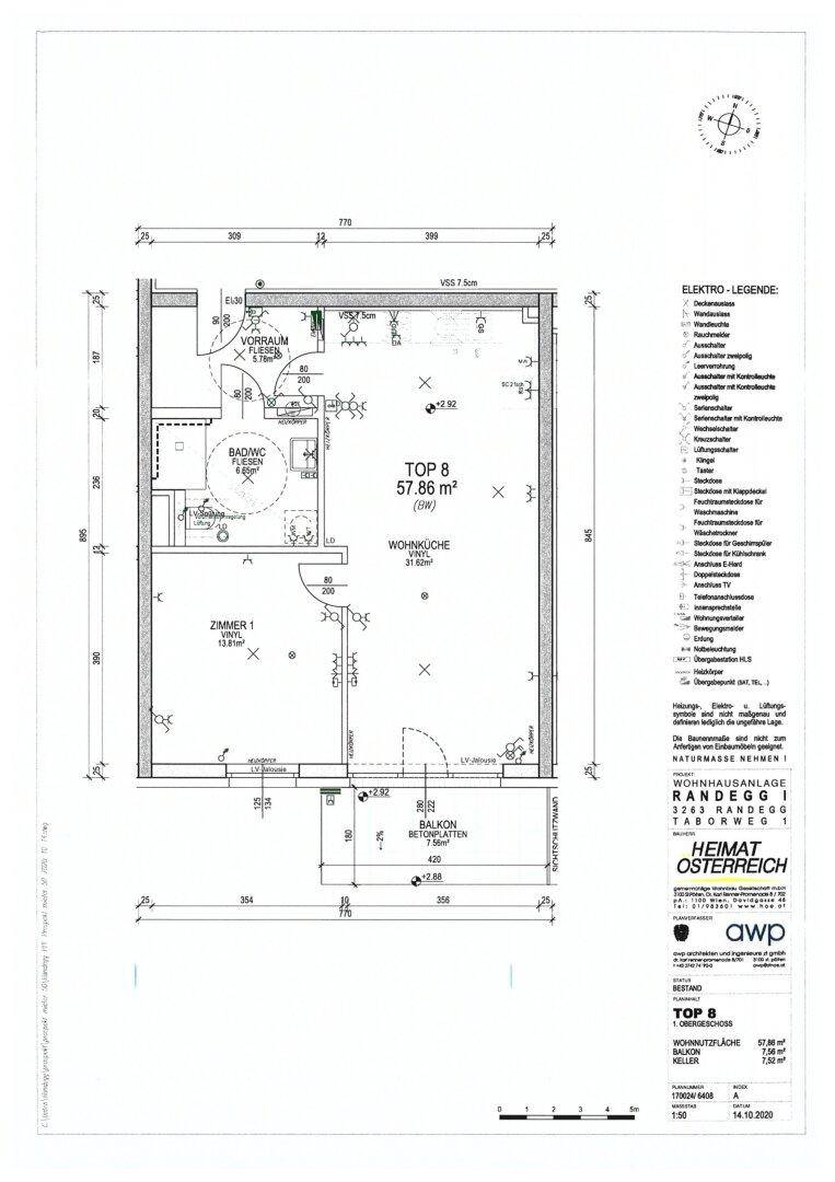 Grundriss der Wohnung TOP 8 mit Wohnküche, Schlafzimmer, Bad und Balkon.