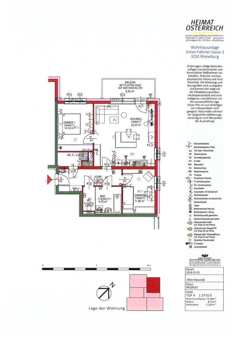 Grundriss einer Wohnung mit offenem Wohn- und Küchenbereich, zwei Schlafzimmern, Bad, separatem WC und Balkon.
