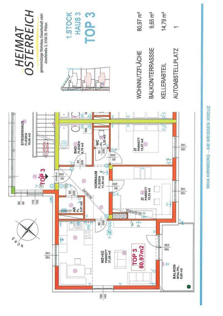 Grundriss der Wohnung TOP 3 im 1. Stock mit 80,97 m² Wohnfläche und Balkon.